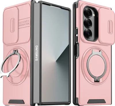 Immagine prodotto di Custodia a doppio strato per Samsung Galaxy Z Fold6, con copertura scorrevole della fotocamera e supporto ad anello magnetico Rosa