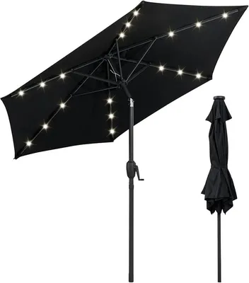 Zdjęcie produktu dla KOMFOTTEU parasol 230 cm z oświetleniem LED, parasol ogrodowy z 6 słupkami i metalową korbą, parasol uchylny na plażę, podwórko, basen