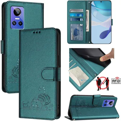 Produktbild von Leder Hülle für Realme GT Neo 3 Süße Katze Flip Case Brieftasche Schutzhülle mit Standfunktion Grün