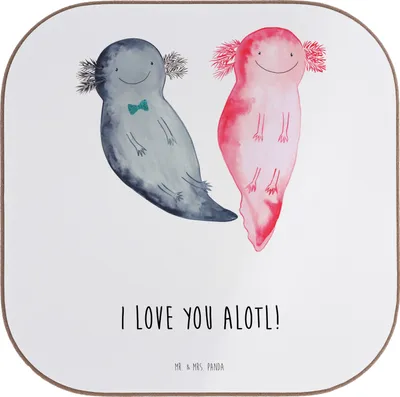 Produktbild von Mr. & Mrs. Panda Untersetzer für Gläser Axolotl Liebe - Weiß - Geschenk, Tischuntersetzer, Glas, Freundin, Hochzeitstag, Jahrestag, Holzuntersetzer, Coaster, Valentinstag