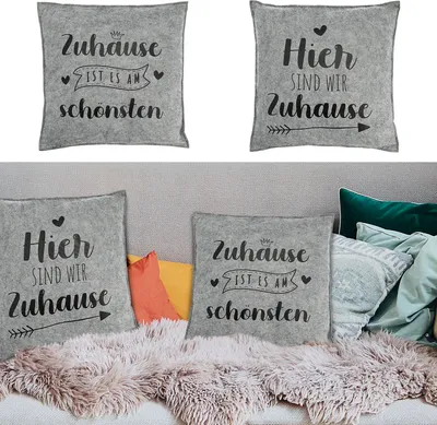 Produktbild von Kissen Filz 2er Set Spruch Zuhause hellgrau 38x38cm Kuschelkissen Sofakissen Dekokissen
