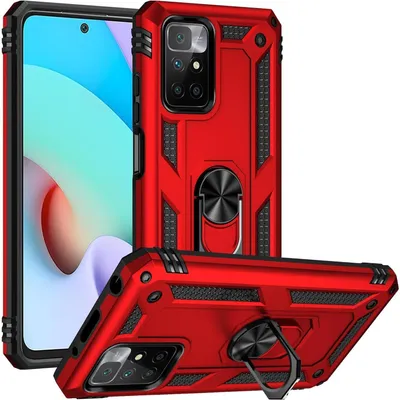 Produktbild von Conie Outdoor Schutzhülle für Xiaomi Redmi 10 Tasche Silikon Hard Case Cover Hülle mit Halter Ständer in Rot