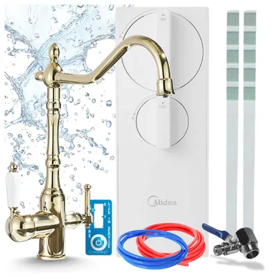 Imagen del producto de Sistema de filtración de agua para debajo del lavabo con grifo de cocina de 3 vías, modelo Ari Retro 2 Ro5, con capacidad de 400 GPD, sin tanque, fabricado en latón, con cartucho de cerámica, aireador, difusor de aire y acabado dorado