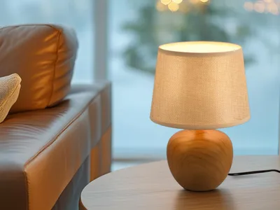 Produktbild von Keramik Tischleuchte LUXOR Holzoptik mit Stoffschirm Beige Ø18cm