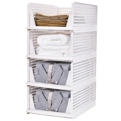 Produktbild von 4 Stück Stapelbare Kleiderschrank Aufbewahrungsbox, Faltbar Kleiderschrank-Organizer,  33.5*43*72cm