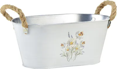 Produktbild von Dekorative Metallschale mit Blumenmotiv und Jutegriffen