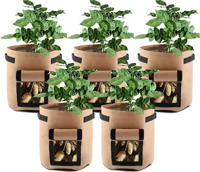 Image de pack de 5 sacs de 10 gallons planteur de jardin - bac de jardinage pour les légumes / pomme de terre / carotte / oignon / carotte en croissance - Brown