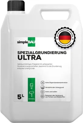 Produktbild von SimpleBau Grundierung ULTRA gebrauchsfertige Grundierung mit erhöhten Parametern Eine Grundierung für kritische Unterlagen Dringt stark in den Untergrund ein Verstärkt den Untergrund, 5l