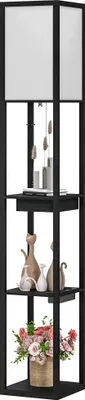 Produktbild von Stehlampe mit 3-stufigem Regal, Fußschalter, USB-Anschlüssen, MDF, Schwarz