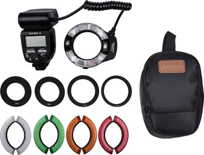 Zdjęcie produktu dla YONGNUO Profesjonalny zestaw pierścieniowych lamp błyskowych do makrofotografii YN14EX II z dużym wyświetlaczem LCD, pierścieniami pośrednimi, filtrami temperatury barwowej, mocowaniem stopki lampy błyskowej, obsługujący lampy błyskowe M/TTL do lustrzanek cyfrowych