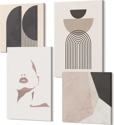 Produktbild von Leinwandbild Set 4-teilig – Modernes Wandbild – Polycanvas Kunstdruck – Abstrakte Bilder – Hochwertige Wandkunst – 2x 40x40 cm + 2x 40x60 cm – Abstrakte Muster in Weiß- und Brauntönen