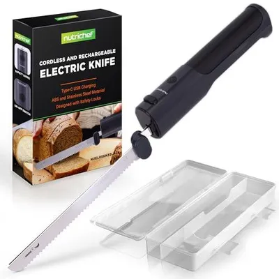 Zdjęcie produktu dla Elektryczny nóż kuchenny NutriChef – nóż akumulatorowy z ostrzami ze stali nierdzewnej, USB-C, ostrza ze stali nierdzewnej 11,42″, czarny
