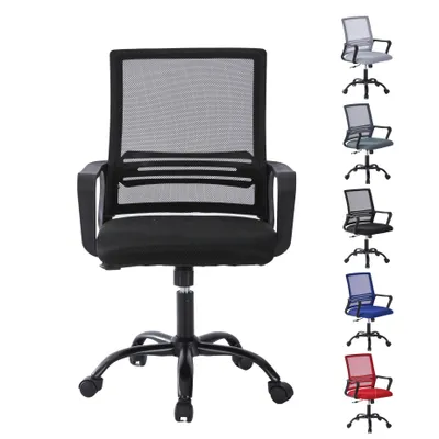 A black mesh office chair is shown from the front, with several other chairs in different colors lined up on the right side of the image.
