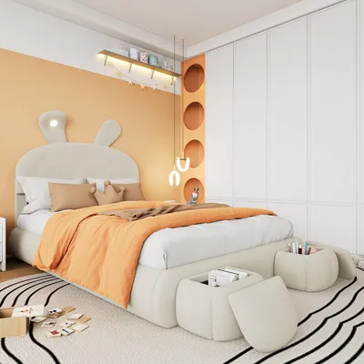 A child's bedroom with a bed, wardrobe, and decorative elements.