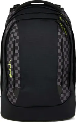 A black Satch backpack with a checkered pattern on the sides.