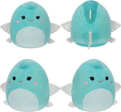 Four views of a teal plush toy fish.
