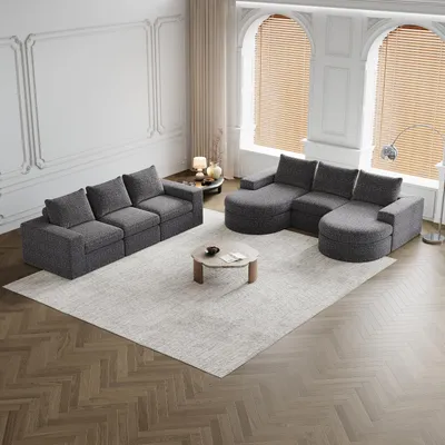 Image de Canapé en chenille avec éléments courbés et chaise longue, entièrement compressé et sans structure, canapé modulable en L, canapé en mousse compressée, ensemble deux pièces, gris