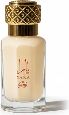 A perfume bottle with a gold cap and a cream-colored liquid inside, placed on a white background.