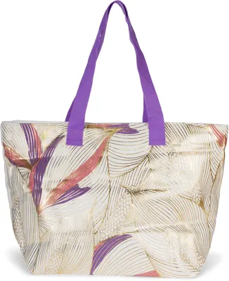 Produktbild von styleBREAKER XXL Strandtasche mit Palmen Blätter Print in Metallic Optik | Tropischer Shopper mit Reißverschluss & Stoffhenkel | Damen Schultertasche 56 x 36 x 17 cm