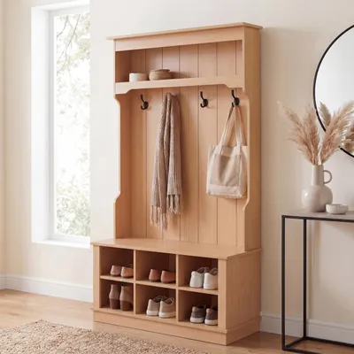 Immagine prodotto di Appendiabiti HWC-P26, appendiabiti da ingresso in legno con panca, 4 ganci, vano portaoggetti, ripiano in melamina, 170x100x39 cm ~ colore naturale