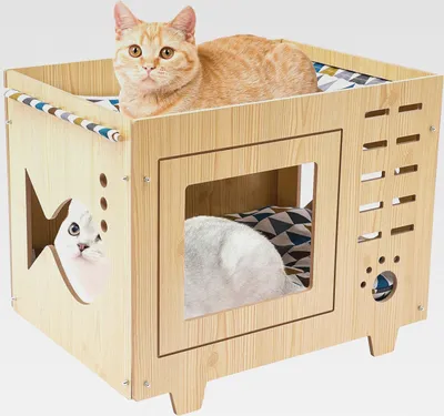 Produktbild von Katzenhaus aus Holz, Katzenbett Haustierhaus mit 2 Weiche Kissen, Indoor Katzenhöhle, 55 x 40 x 44 cm
