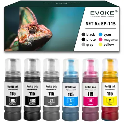 Immagine prodotto di Inchiostri compatibili Evoke per stampanti Epson 115, set di 6 flaconi: Nero pigmentato, Nero fotografico, Grigio, Ciano, Magenta, Giallo, capacità 420 ml, per circa 37200 pagine, compatibili con i modelli EcoTank L8160 e L8180