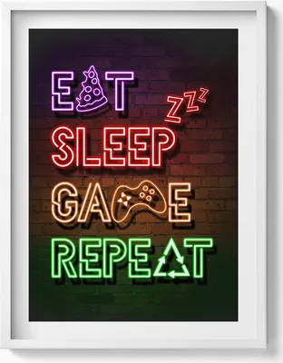 Produktbild von Beschriftung für Gamer „Eat sleep game repeat“– Wandbild mit Rahmen – Gerahmtes Bild  – Wanddekoration – 60x80 cm –  Weiß Rahmen