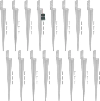 A set of metal ground spikes for fence posts, arranged in two rows on a white background.