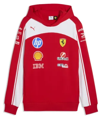 Produktbild von Scuderia Ferrari Team Kapuzenpullover Puma 2026, Offizieller Fanartikel, Roter Hoodie mit Ferrari-Wappen und Teamsponsoren, 100% Baumwolle