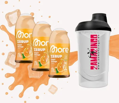 Produktbild von More Zerup Capri Orange Zuckerfreier Sirup 65 ml (3er Pack) + Gratis Zama4Zingo Shaker 600ml