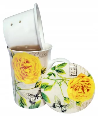 Zdjęcie produktu dla KUBEK Z ZAPARZECZEM I POKRYWKĄ CERAMICZNY ZAPARZACZ Róże Żółte 275ml