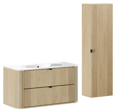 Immagine prodotto di Lavabo e colonna sospesa Mila da 100 cm con 2 cassetti, rovere chiaro