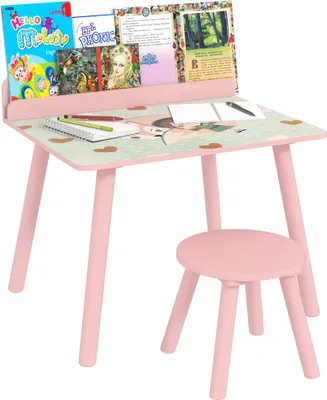 Obrázek produktu pro Dětský stůl se židlí - Psací stůl s policí na knihy - Od 3 let - Do dětského pokoje - 60×48×53,5 cm - MDF a borovicové dřevo - Růžová barva