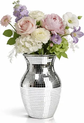 Immagine prodotto di Vaso in mosaico di specchi in stile discoteca, vaso in vetro di 20 cm per decorazioni da tavolo e per la casa, color argento