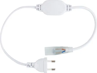 A white power cord with a rectifier and a plug.