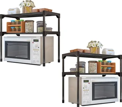 Image de lot de 2 étagères pour micro-ondes à 2 niveaux | support peu encombrant pour micro-ondes | étagère de cuisine multifonctionnelle pour le rangement de la vaisselle | organiseur de table | étagère sur pied pour la cuisine - couleur : noir