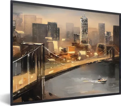 Produktbild von MuchoWow® Gerahmtes Poster Gemälde - Öl - Skyline - Stadt - Wasser 80x60 cm - Poster mit Schwarzem Bilderrahmen Wandposter Rahmen Foto Bilder - Schwarzem - Mit Gestell