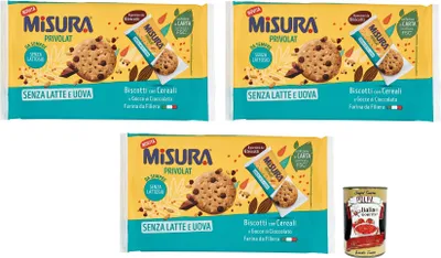 Produktbild von 3x Misura Privolat,Kekse mit Müsli und Schokoladentropfen,Ohne Milch,Laktosefrei und ohne Eier,Packung mit 280g + Italian Gourmet Polpa di Pomodoro 400g Dose