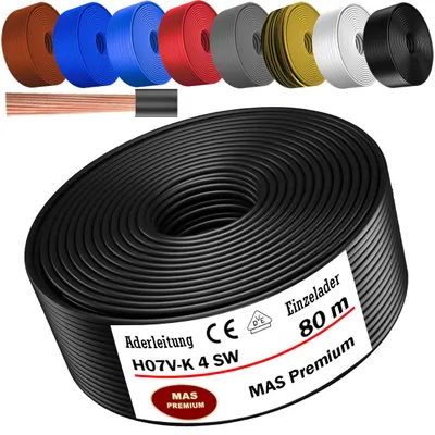 Zdjęcie produktu dla Przewód elektryczny 80m, typ H07 V-K SW, jednożyłowy, elastyczny, czarny, przekrój 1x4 mm²