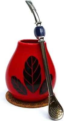 Image de Tasse à maté ● Tasse à maté Hoja Rouge ● Tasse en céramique et bombilla ● Bombilla en acier ● Paille ● Calebasse en céramique tasse à maté