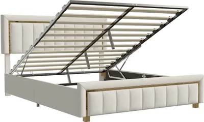 Image de Fortuna Lai Lit capitonné 140x200cm, lit fonctionnel de rangement, lit double, sommier à lattes et coffre de rangement hydraulique, velours, beige