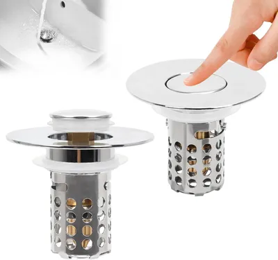 Immagine prodotto di Kit di scarico per lavabo (2 pezzi) - Rubinetto di scarico universale - Griglia di scarico - Filtro pop-up per lavabo - Acciaio inossidabile - Adatto per fori da 30-40 mm - Rubinetto di scarico