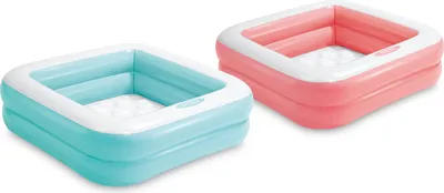 Two inflatable pools, one blue and one pink, are shown against a white background.