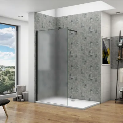 A modern bathroom with a walk-in shower.