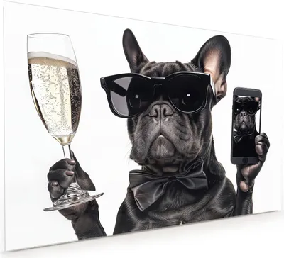 Produktbild von Küchenrückwand Spritzschutz Glas mit Motiv Sonnenbrillenhund 40 x 40 cm