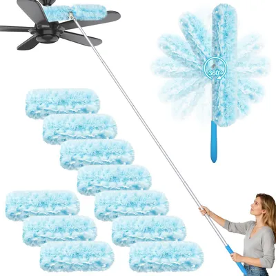 Produktbild von Staubwedel ausziehbar 180 cm mit 10 Nachfülltüchern, Doppelkopf, für hohe Decken und Spinnenweben