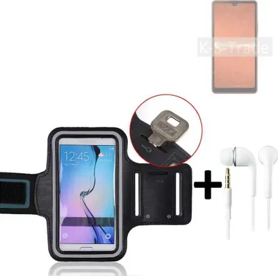 Produktbild von TOP SET kompatibel mit Sony Xperia Ace III Neopren Jogging Armband Sportarmband Oberarmband kompatibel mit Sony Xperia Ace III schwarz mit Reflektor
