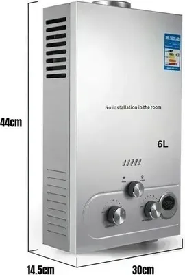 A silver gas water heater is shown from a three-quarter front view, with dimensions indicated by lines and text.