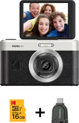 A digital camera with a screen showing a family, and a memory card and adapter below.