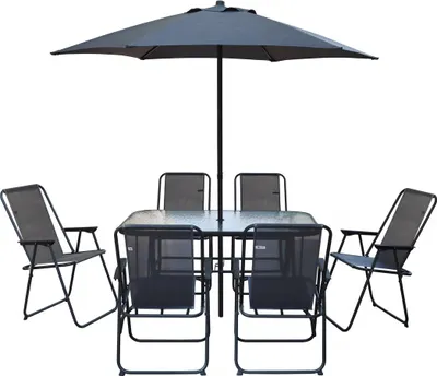 Produktbild von Gartentisch und -stühle mit Sonnenschirm aus Metall "Convivia" - 6 Plätze - Anthrazitgrau